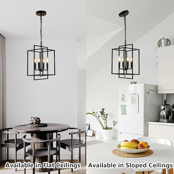 Black Chandelier, 4-Light Modern Farmhouse Foyer Lighting Fixtures, Rustic Geometric Chandeliers for Dining Room, Adjustable Metal Lantern Pendant Light for Stairway Entryway Kitchen Island