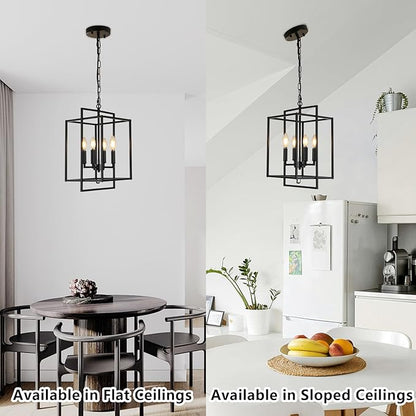 Black Chandelier, 4-Light Modern Farmhouse Foyer Lighting Fixtures, Rustic Geometric Chandeliers for Dining Room, Adjustable Metal Lantern Pendant Light for Stairway Entryway Kitchen Island