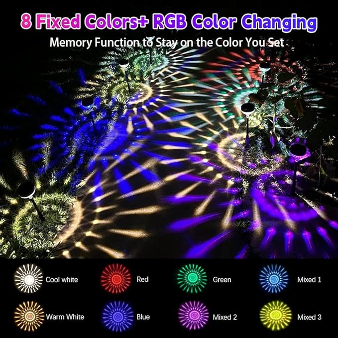 JNOEC 12Pack Solar Pathway Lights Outdoor, Color Changing+8 Fixed Color (Warm White, Cool White, Colored) Solar Lights Outdoor, Bright Solar Powered Garden Light