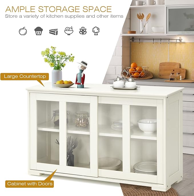 Sideboard Buffet Cabinet, Stackable Cupboard Storage Table with Adjustable Shelf & Glass Sliding Doors, Wooden Credenza Coffee Bar Cabinet for Kitchen/Dining Room/Living Room/Entryway (White)