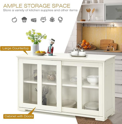 Sideboard Buffet Cabinet, Stackable Cupboard Storage Table with Adjustable Shelf & Glass Sliding Doors, Wooden Credenza Coffee Bar Cabinet for Kitchen/Dining Room/Living Room/Entryway (White)
