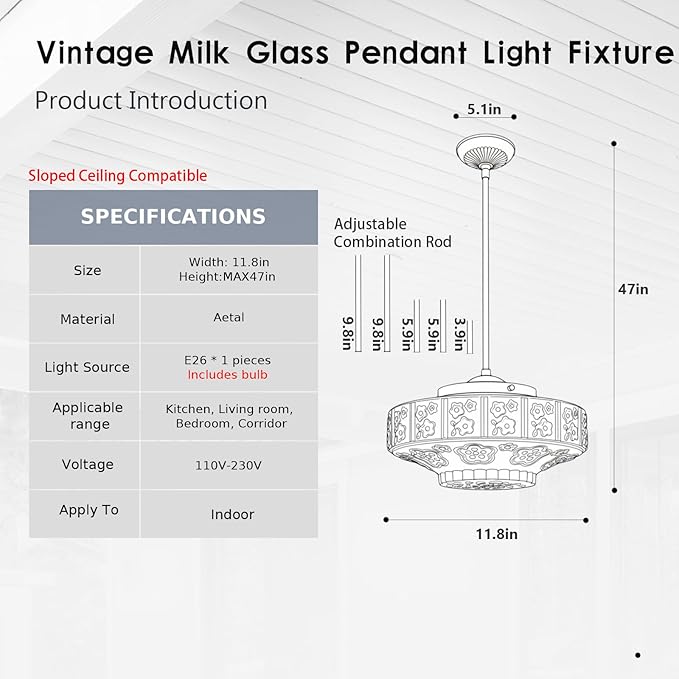 Vintage Milk Glass Pendant Light Fixture, 11.8" White Flowers Glass Chandelier, Antique Pendant Lights for Kitchen Island Lighting, Hallway, Bedroom, Dining Room, E26 Bulb Included (White, 11.8)