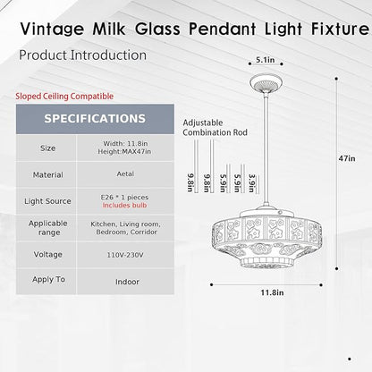 Vintage Milk Glass Pendant Light Fixture, 11.8" White Flowers Glass Chandelier, Antique Pendant Lights for Kitchen Island Lighting, Hallway, Bedroom, Dining Room, E26 Bulb Included (White, 11.8)