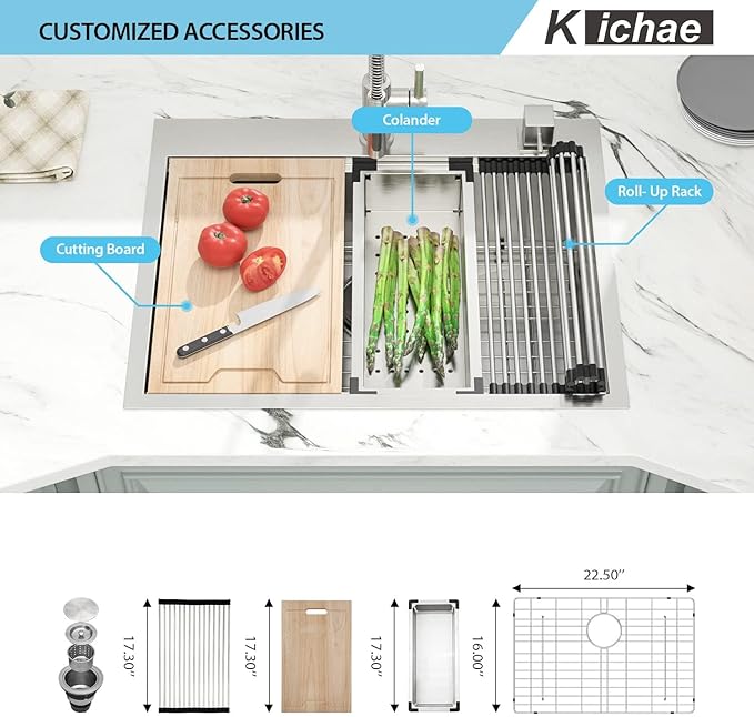 Kichae 25 Inch Drop In Kitchen Sink Workstation - 25" x 22" Drop-In Kitchen Sink 16 Gauge Stainless Steel Single Bowl Ledge Workstation 25 Inch Handmade Basin