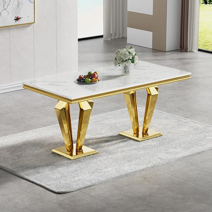 White Marble Dining Table for 4 6 8, Modern 68 Inch Kitchen Table with Faux Marble Top and Gold Dimaond Design Pedestal Base, Luxurious Rectangular Large Dining Room Table,Home Kitchen Furniture