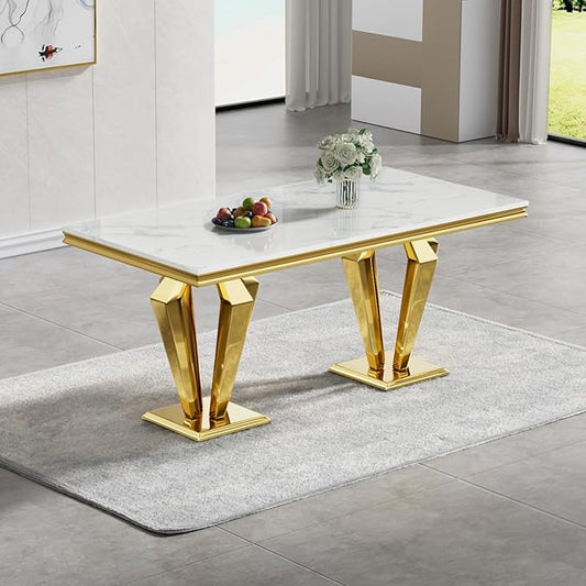 White Marble Dining Table for 4 6 8, Modern 68 Inch Kitchen Table with Faux Marble Top and Gold Dimaond Design Pedestal Base, Luxurious Rectangular Large Dining Room Table,Home Kitchen Furniture