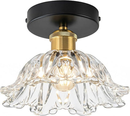 1-Light Vintage Semi Flush Mount Ceiling Light, Black and Gold Glass Shade Close to Ceiling Light Fixture, E26 Base Retro Lighting for Hallway Entryway Kitchen Bedroom