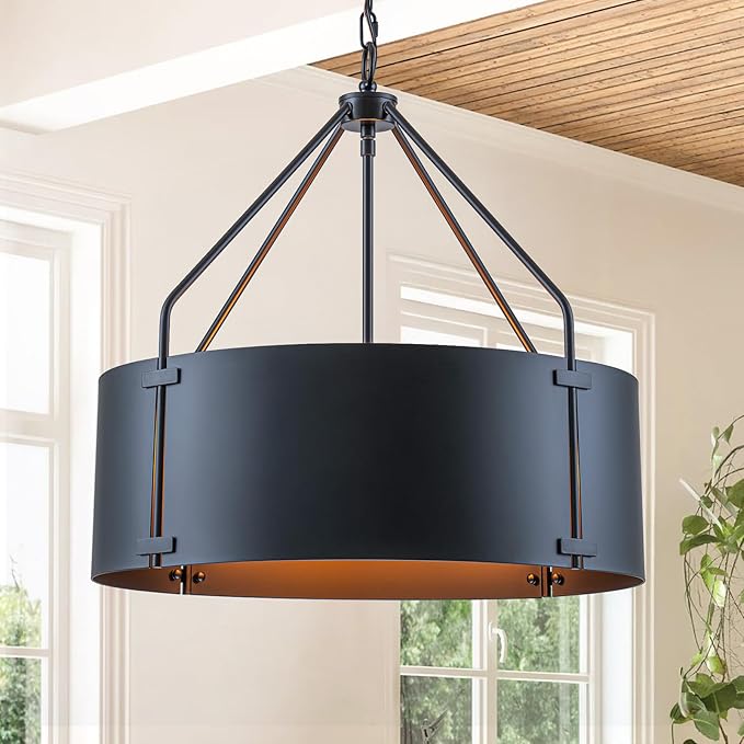 Drum Chandeliers for Dining Room,22 in Black Metal Dining Room Light Fixture Over Table, Industrial Modern Farmhouse Pendant Light for Kitchen,Entryway,Living Room