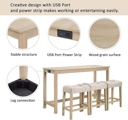 LKTART Bar Table and Chairs Set of 4, Bar Height Dining Table Set with Power Outlet and 3 Padded Stools Industrial Breakfast Table Set for Living Room, Small Space, Light Oak