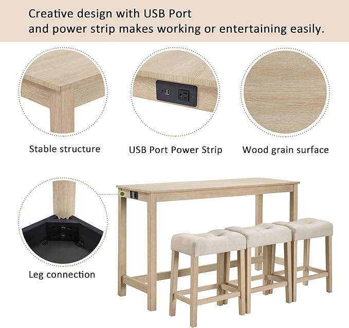 Knocbel Classic 3-Person Counter Height Bar Table Set with Power Outlet, 4-Piece Dinette Set with Padded Seat Stools, Apartment Condo Small Space Pub Bistro Dining Furniture Set (Light Oak)