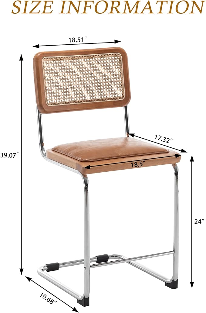 Alunaune 24inch Modern Natural Rattan Bar Stools Set of 4, Upholstered Mid Century Counter Height Bar Stools Kitchen Chairs Comfy Side Dining Chair with Metal Chrome Legs-Brown with PU Seat