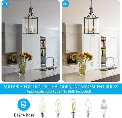 XINGQI Lantern Pendant Light Modern Geometric Hanging Chandelier Black and Gold 4 Lights Adjustable Height Cage Pendant Lighting Fixture for Kitchen Entryway Hallway Foyer