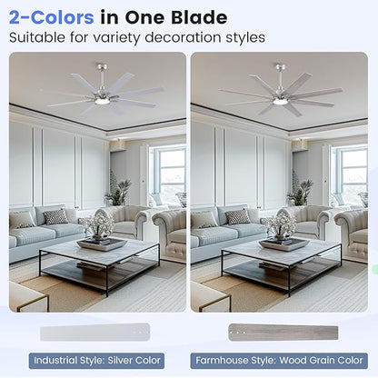 Newday 62 inch Brushed Nickel Ceiling Fan with Light & Remote, Indoor/Outdoor 8-Blade Fan, 6-Speed Silent Reversible DC Motor, 3CCT LED, Timer, 2 Downrods for Living Room/Patio