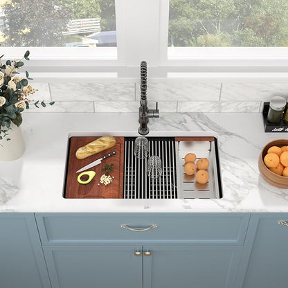 Sarlai 33 Granite Composite Kitchen Sink Double Bowl - 33"x19" Black Granite Kitchen Sink Ledge Workstation Undermount Double Bowl 50/50 Low Divide Quartz Classic Matte Black Under Counter Basin