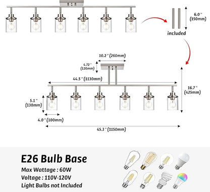6-Light Directional Track Lighting Kit, Bathoom Lights Over Mirror Industrial Brushed Nickel Kitchen Track Lighting Fixtures Ceiling with 6 Rotatable Light Heads, Clear Glass Shade
