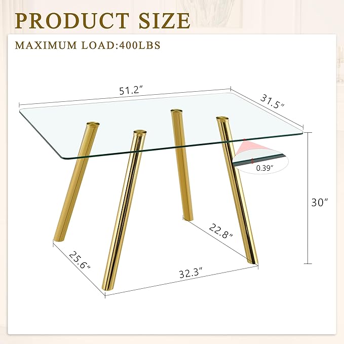 51.2 Inch Glass Dining Table for 4-6 People, Sturdy Metal Tube Legs, Glass Gold Dining Room Tabble for 4, Space-Saving Rectangular Breakfast Nook Table for Home Apartment