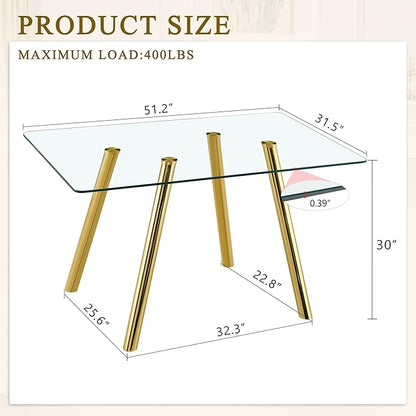 51.2 Inch Glass Dining Table for 4-6 People, Sturdy Metal Tube Legs, Glass Gold Dining Room Tabble for 4, Space-Saving Rectangular Breakfast Nook Table for Home Apartment
