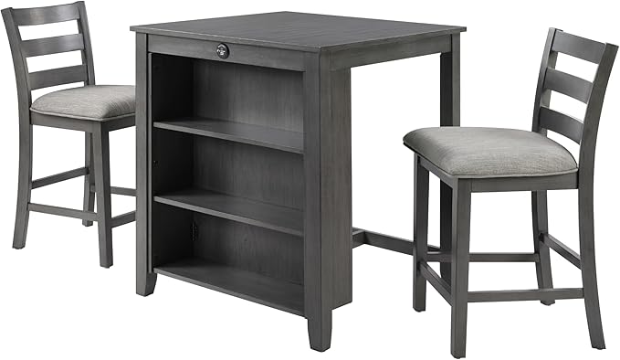 Bar Table Set with Charging Station & 3-Tier Storage, Space-Saving Dining Table Set for 2 with Upholstered Chairs, Small Kitchen Island for Apartment (30 inch+Gray)