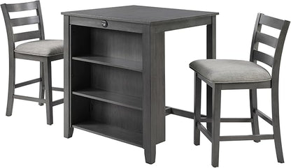 Bar Table Set with Charging Station & 3-Tier Storage, Space-Saving Dining Table Set for 2 with Upholstered Chairs, Small Kitchen Island for Apartment (30 inch+Gray)