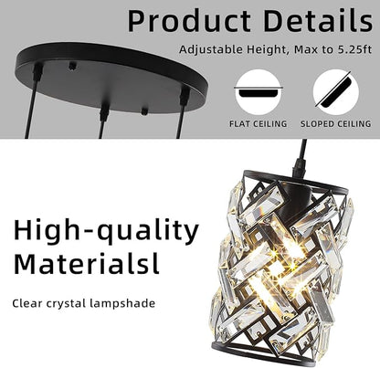 Pendant Lights Kitchen Island, Black Crystal Chandelier Pendant Lighting 3 Light, Adjustable Modern Kitchen Island Lights Ceiling Hanging Cluster Pendant Light Fixture for Dining Room Entryway Foyer