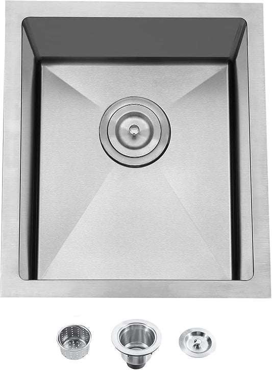 Hotis Bar Sink Undermount, 13 X 15 Inch Brush Nickel Small Rv Kitchen Sink, Stainless Steel Handmade Single Bowl Outdoor Wet Bar Prep Sink With Strainer