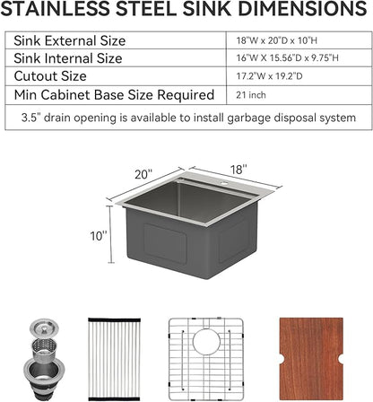 Lordear 18x20 Inch Drop In Topmount Bar Sink - 16 Gauge Stainless Steel Single Bowl Ledge Workstation, for RV/Kitchen/Camper/Wet Bar with Cutting Board