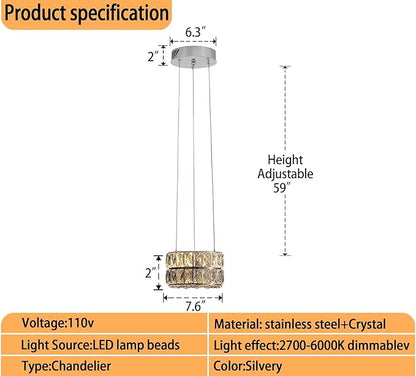 Led Ring Crystal Chandelier, Modern Dimmable Chandeliers Lighting and Hanging Adjustable, LED Round Ceiling Light Fixtures for Dining Room Living Room 7.8'' Silver