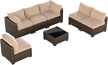 Patio Furniture Set, 7-Piece Outdoor Sectional Couch with Coffee Table & Thick Cushions, Outdoor Wicker Conversation Set for Backyard, Poolside, Garden (Brown-Camel, 7 Piece-Single)