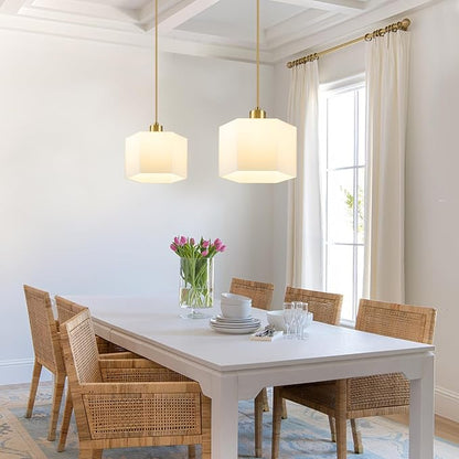 XSDeTu Milk Glass Pendant Lights Kitchen Island 2 Pack, Modern Gold Hanging Light Fixture, Mid-Century Hexagonal Ceiling Lamp, Mini Farmhouse Chandelier for Dining Room Sink Bathroom Bedroom Hallway