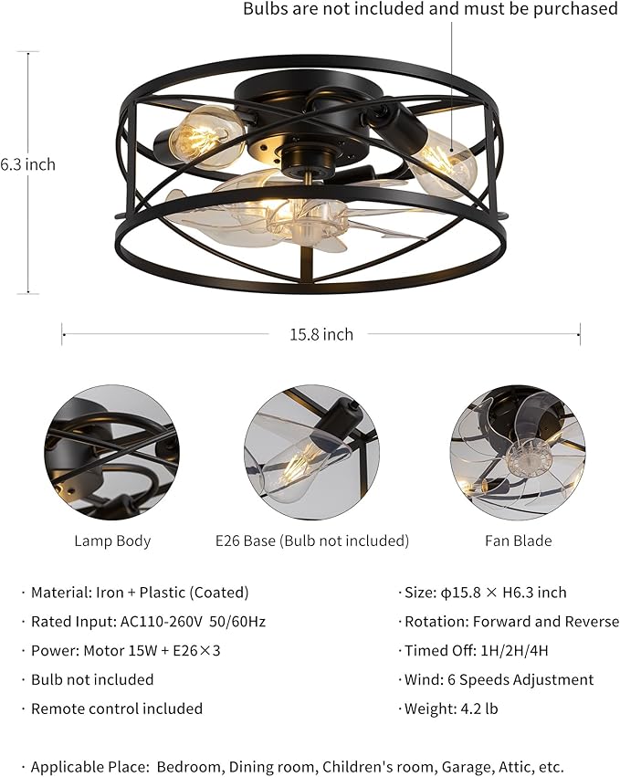 KDG 15.8″ Retro Low Profile LED Ceiling Fans with Light, Reversible Ceiling Fans Flush Mount with Remote and 6 Speeds, E26 Base Buld for Bedroom, Dinning Room, Kids Room, Kitchen