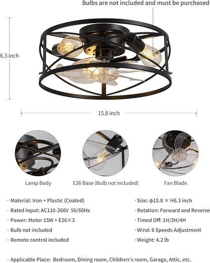 KDG 15.8″ Retro Low Profile LED Ceiling Fans with Light, Reversible Ceiling Fans Flush Mount with Remote and 6 Speeds, E26 Base Buld for Bedroom, Dinning Room, Kids Room, Kitchen