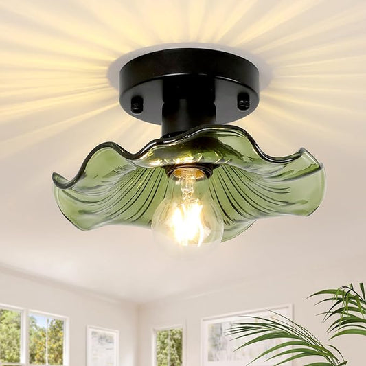 Shenmoyl Semi Flush Mount Ceiling Light, Black Hallway Vintage Fixture With Green Lotus Glass, 4.72" Base Modern Light for Bathroom Porch Kitchen Bedroom