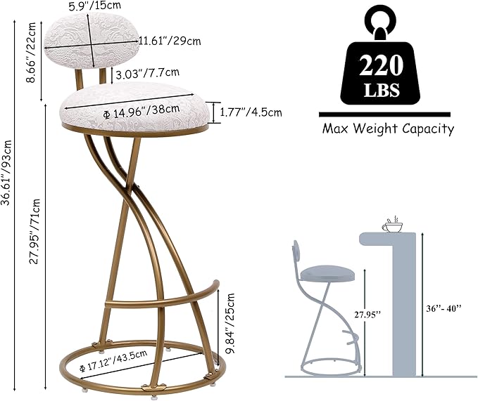 Round Print Bar Stools Set of 2 Chairs for Kitchen Island & Dining Rooms Counter Stools，Gold