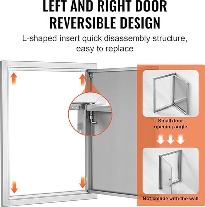 VEVOR BBQ Access Door, 27H x 20W Inch Stainless Steel Flush Mount Vertical Door with Handle for BBQ Island, Grilling Station