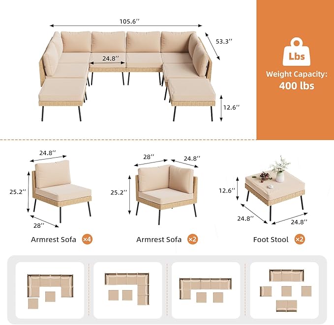 Aoxun 8-Piece Patio Furniture Set, Wicker Outdoor Furniture with Water Resistant Thick Cushions, Patio Conversation Set Outdoor Sectional Sofa with Coffee Table for Backyard Poolside, Beige