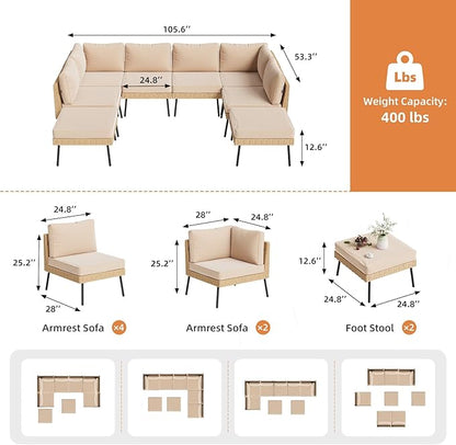 Aoxun 8-Piece Patio Furniture Set, Wicker Outdoor Furniture with Water Resistant Thick Cushions, Patio Conversation Set Outdoor Sectional Sofa with Coffee Table for Backyard Poolside, Beige