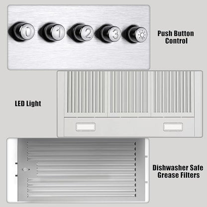 36 inch Range Hood, Wall Mounted Vent Hood in Stainless Steel, Ducted/Ductless Kitchen Hood w/Push Button Control, 3 Speed Exhaust Fan, 3 Pcs Baffle Filters, Energy Saving LED Light