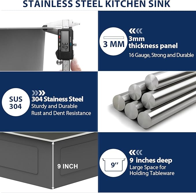Lordear 33x19 Inch Drop In Kitchen Sink Stainless Steel Topmount Sinks T304 16 Gauge Single Bowl Above Counter 10 Inch Basin