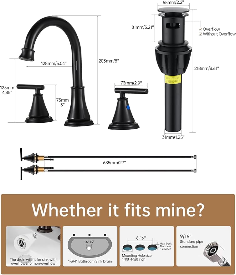 Fransiton Black 8 Inch Widespread Bathroom Sink Faucet 3 Hole,2-Pack Bathroom Vanity Faucet with Metal Pop-up Drain Assembly, 2 Handle Basin Supply Hoses