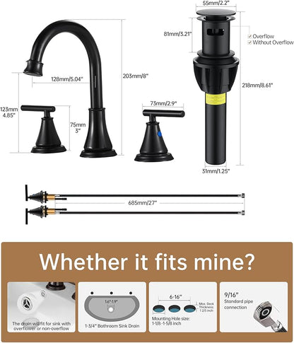 Fransiton Black 8 Inch Widespread Bathroom Sink Faucet 3 Hole,2-Pack Bathroom Vanity Faucet with Metal Pop-up Drain Assembly, 2 Handle Basin Supply Hoses