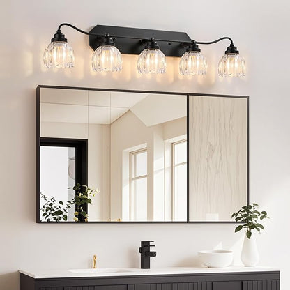 Vintage Bathroom Light Fixtures, 5 Light Bathroom Vanity Light, Black Matte Antique Brass Finish with Crystal Glass Shade, Mid Century Wall Sconces for Bedroom, Living Room, Hallway