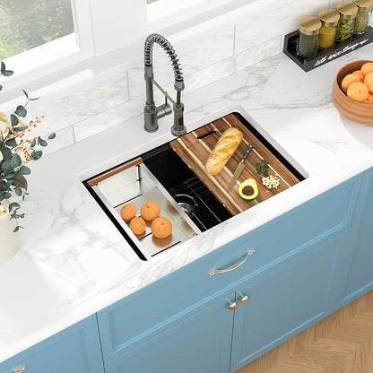 Sarlai Granite Composite Kitchen Sink - 28 Inch Black Undermount Kitchen Sink Ledge Workstation 28 x 19 Inch Matte Black Granite Quartz Composite Under-Mount Single Bowl Sinks Basin