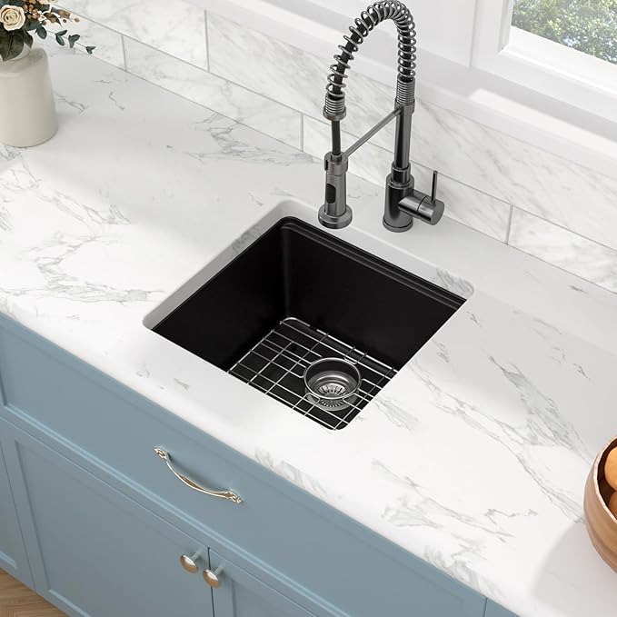 Sarlai 18 Black Kitchen Sink Granite Composite - 18 x 18 inch Bar Prep Workstation Sink Black Granite Composite Quartz Undermount Single Bowl Rectangular RV Camper Sinks Basin
