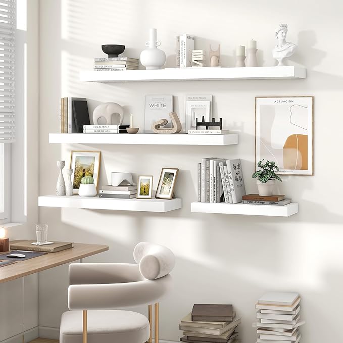 Heimlove Floating Shelves for Wall 55 Inch Long,Extra Large and Thick Wood Shelves Mounted Storage Hanging Shelf Invisible Bracket for Bedroom,Living Room,Kitchen,Office,White