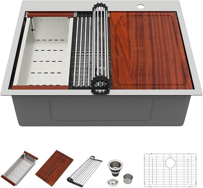 28 Inch Drop In Kitchen Sink - Beslend Stainless Steel Ledge Workstation Sinks 16 Gauge Top Mount Handmade Welding Large Single Bowl Over Counter Kitchen Basin with Accessories 28x22x10