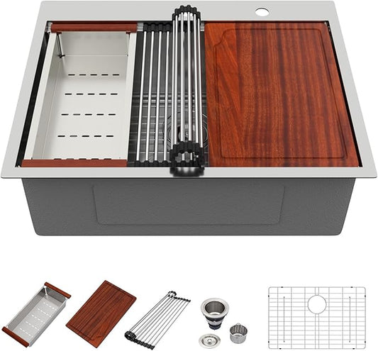 28 Inch Drop In Kitchen Sink - Beslend Stainless Steel Ledge Workstation Sinks 16 Gauge Top Mount Handmade Welding Large Single Bowl Over Counter Kitchen Basin with Accessories 28x22x10