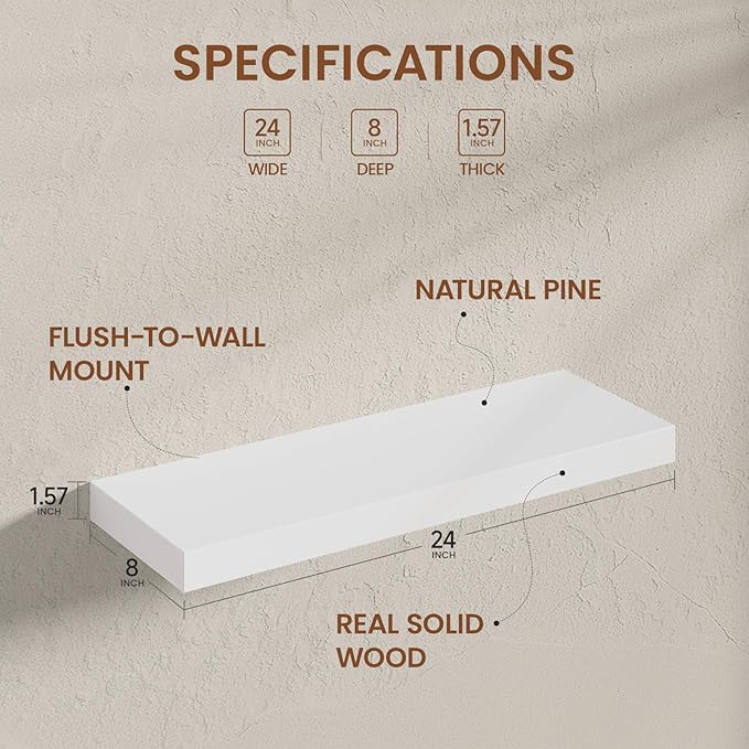 Heimlove Wooden Floating Shelves for Wall, White Pine Shelves Set of 2, 24 in Rustic Wood 8 Inch Deep Floating Shelf with Invisible Brackets for Bedroom Kitchen Living Room - Classic White