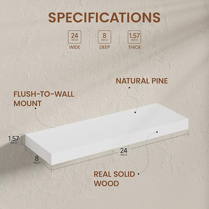 Heimlove Wooden Floating Shelves for Wall, White Pine Shelves Set of 2, 24 in Rustic Wood 8 Inch Deep Floating Shelf with Invisible Brackets for Bedroom Kitchen Living Room - Classic White