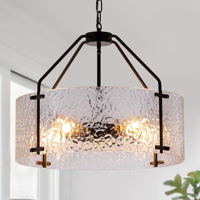 Glass Drum Chandelier for Dining Room 20'' Entryway Light Fixture 5-Light Kitchen Chandeliers Over Table Bedroom Light Fixture for Living Room Hallway Foyer Kitchen