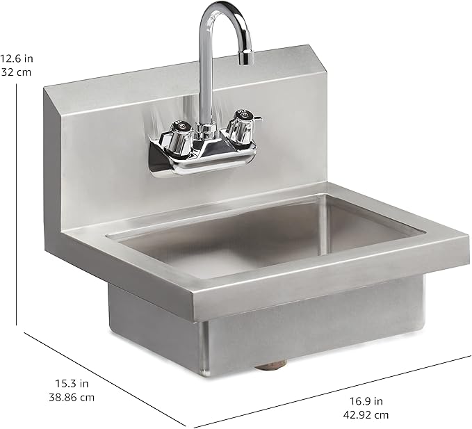 Rockpoint 304 Stainless Steel handmake Sink for Washing with Faucet, Commercial Wall Mount Hand Basin for Restaurant, Kitchen and Home, 17 x 15 Inches, Silver